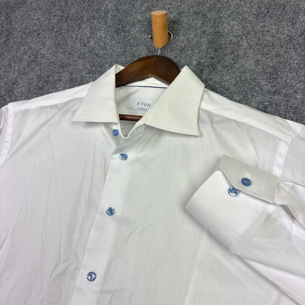 Eton Dress Shirt Mens 18 White Contemporary Fit Blue Button Long Sleeve 0639